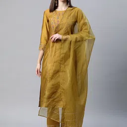 SheWill Women Olive Green Ethnic Motifs Embroidered Sequinned Kurta with Trousers & With Dupatta-picture-5