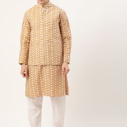 SOJANYA Men Golden & White Floral Embroidered Kurta with Churidar & Nehru Jacket-image-27