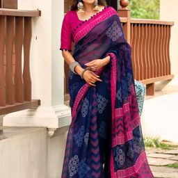 KALINI Ethnic Motifs Printed Embroidered Pure Cotton Block Print Saree-4