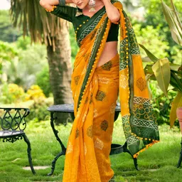 KALINI Ethnic Motifs Printed Embroidered Pure Cotton Block Print Saree-5