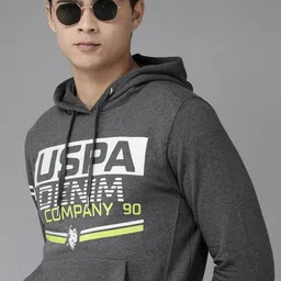 U.S. Polo Assn. Denim Co. Men Charcoal Grey Melange Brand Logo Print Hooded Sweatshirt-image-33