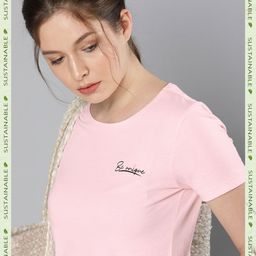HERE&NOW Women Pink Solid Pure Cotton T-shirt-image-76