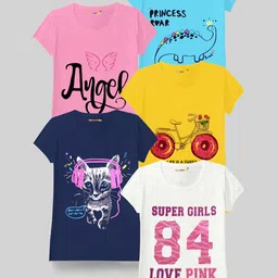 KUCHIPOO Girls Multicoloured & bachelor button Typography 5 Printed V-Neck Applique T-shirt-image-21