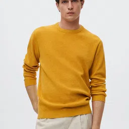 MANGO MAN Mustard Yellow Self Design Micro Check Structure Pullover-image-24