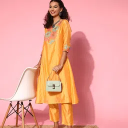 Jaipur Kurti Women Yellow Floral Yoke Design Sequinned Chanderi Cotton Kurta with Trousers-image-66