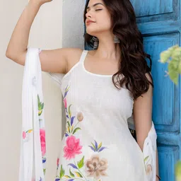 Anouk Floral Printed Shoulder Strap Pure Cotton Kurta with Pyjamas & Dupatta-7