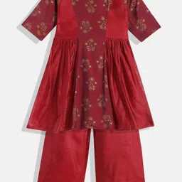 Ethnovog Girls Maroon Floral Print Panelled Made To Measure Kurta with Palazzos-picture-30