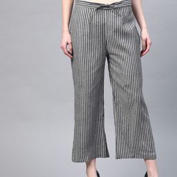 Laado - Pamper Yourself Women Black & Grey Handloom Cotton Striped Wide Leg Sustainable Palazzos-picture-4