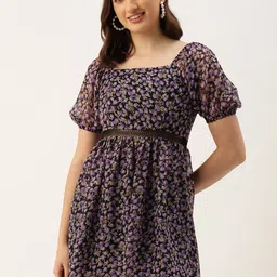 ROVING MODE Floral Print Puff Sleeves Fit & Flare Mini Dress-66