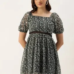 ROVING MODE Floral Print Puff Sleeve Fit & Flare Mini Dress-24