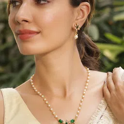 Rubans 22KT Gold Plated Brass Emerald Stone Studded Beaded Pendant Set-9