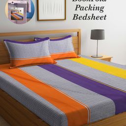 Arrabi Bookfold Purple & Grey Striped 300 TC King Bedsheet & Pillow Covers-image-21