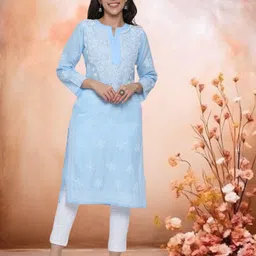 PARAMOUNT CHIKAN Women Blue Paisley Chikankari Embroidered Pure Cotton Kurta-18
