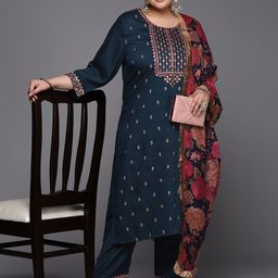 Varanga Plus Size Embroidered Kurta with Trousers & With Dupatta image 4