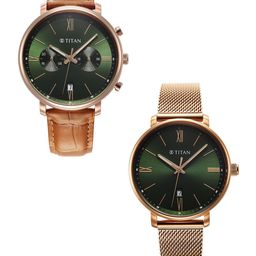 Titan Brass Dial & Stainless Steel Straps Analogue His and Her Watches 9400794207WZ03P-18