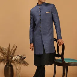 VASTRAMAY Men Blue & Black Textured Sherwani Set-picture-5
