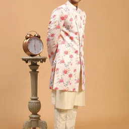 VASTRAMAY Men Peach and Cream-colored Kurta & Pyjamas with Printed Sherwani-12