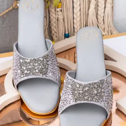 NR By Nidhi Rathi Silver-Toned Embellished Leather Ethnic Wedge Sandals-image-41