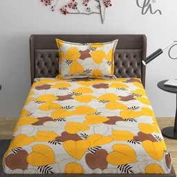 YaAkholic Orange & Grey Floral 210 TC Single Bedsheet with 1 Pillow Covers-33