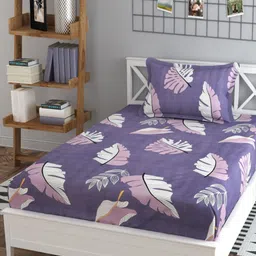 YaAkholic Purple & Pink Floral 220 TC Single Bedsheet with 1 Pillow Covers-image-43