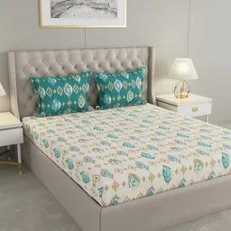 Raymond Home Beige & Green Ethnic Motifs Cotton144 TC Queen Bedsheet with 2 Pillow Covers-image-63