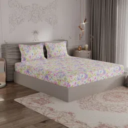 ROSARA HOME White & Purple Floral Pure Cotton 300 TC King Bedsheet with 2 Pillow Covers-picture-31