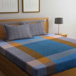 Arrabi Blue & Grey Floral 300 TC Super King Bedsheet with 2 Pillow Covers-image-18