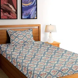 FABINALIV Grey Floral Cotton 300 TC Single Bedsheet with 1 Pillow Covers-52