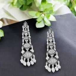 Sangria German Silver-Plated Rhinestone Studded Contemporary Oxidized Drop Earrings-11