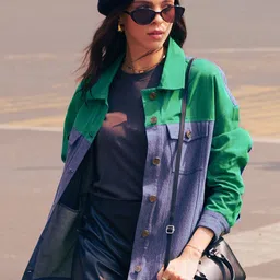 The Souled Store Blue Colourblocked Spread Collar Lightweight Pure Cotton Bomber Jacket-picture-19