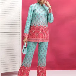 Vishudh Turquoise Blue Printed Mandarin Collar Shirt With Trouser-picture-19