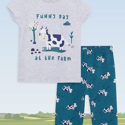 LC Waikiki Boys Grey Melange & Teal Blue Typography Printed Pure Cotton Pyjamas Set-picture-45