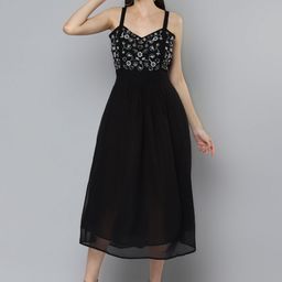 SCOUP Black Floral Georgette A-Line Dress-image-76