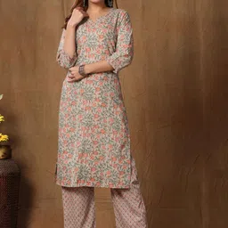 MIRAVAN Women Brown & Green Floral Printed Gotta Patti Pure Cotton Kurta with Palazzo-53