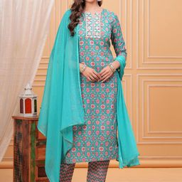 NEW4U Women Floral Printed Regular Thread Work Pure Cotton Kurta with Palazzos & With Dupatta-image-2