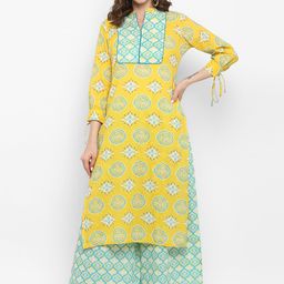 antaran Women Yellow Printed Pure Cotton Kurta with Palazzos-image-2
