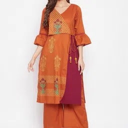 Bitterlime Women Rust & Maroon Floral Printed Angrakha Pure Cotton Kurta With Palazzos-picture-21