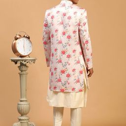 VASTRAMAY Men Peach and Cream-colored Kurta & Pyjamas with Printed Sherwani image 3