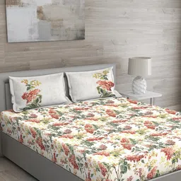 GM Cream-Coloured & Orange Floral 150 TC Cotton 1 Super Queen Bedsheet & 2 Pillow Covers-image-38