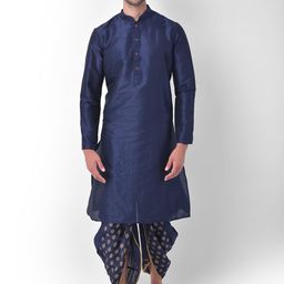 DEYANN Men Navy Blue & Gold-Coloured Regular Dupion Silk Kurta with Dhoti Pants-20