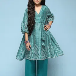 Biba Girls Bandhani Printed Mirror Work Angrakha Anarkali Kurta With Palazzos-image-15