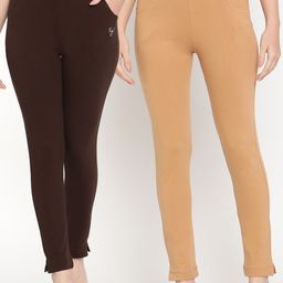 TAG 7 Women Beige & Brown Pack of 2 Straight Fit Ankle-Length Leggings-image-50
