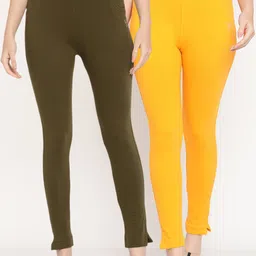 TAG 7 Women Olive Green & Yellow Pack of 2 Straight Fit Ankle-Length Leggings-image-69