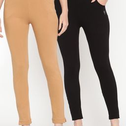 TAG 7 Women Beige & Black Pack of 2 Straight Fit Ankle-Length Leggings-image-40
