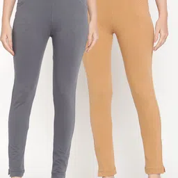 TAG 7 Set Of 2 Grey & Beige Solid Leggings-image-60
