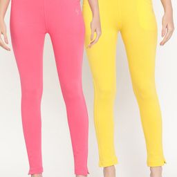 TAG 7 Set Of 2 Pink & Yellow Solid Leggings-image-94
