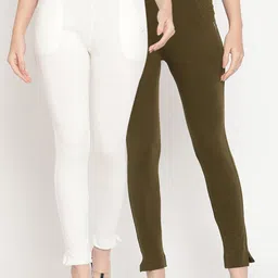 TAG 7 Women Olive Green & Off White Pack Of 2 Solid Ankle-Length Leggings-image-100