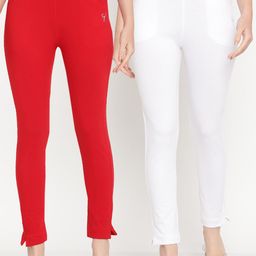 TAG 7 Women Set of 2 Red & White Ankle Length Leggings-15