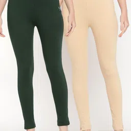 TAG 7 Set Of 2 Green & Beige Solid Leggings-image-82