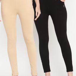 TAG 7 Women Beige & Black Pack Of 2 Solid Comfort-Fit Ankle-Length Leggings-image-14